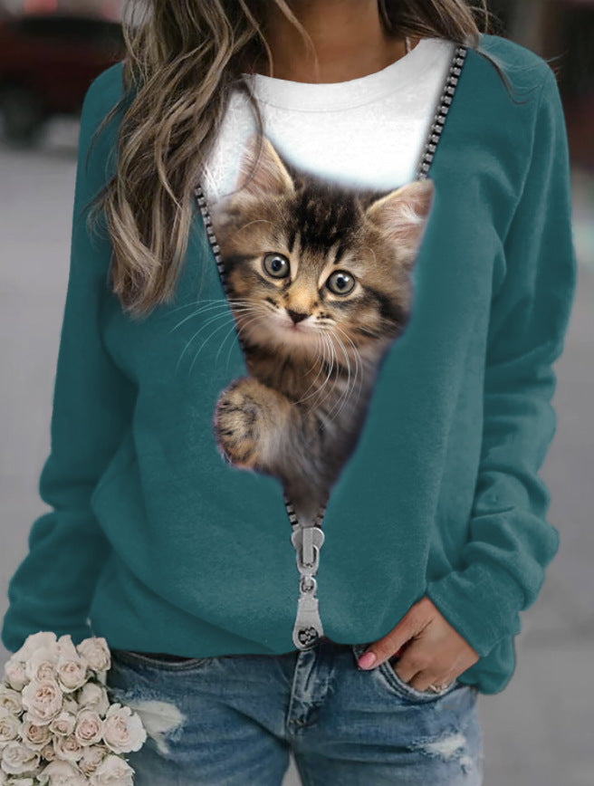 Cute Cat Print Casual Round Neck Pullover Sweatshirt