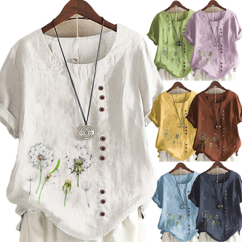 Artistic Retro Cotton And Linen Printed Casual Shirt Women's Top