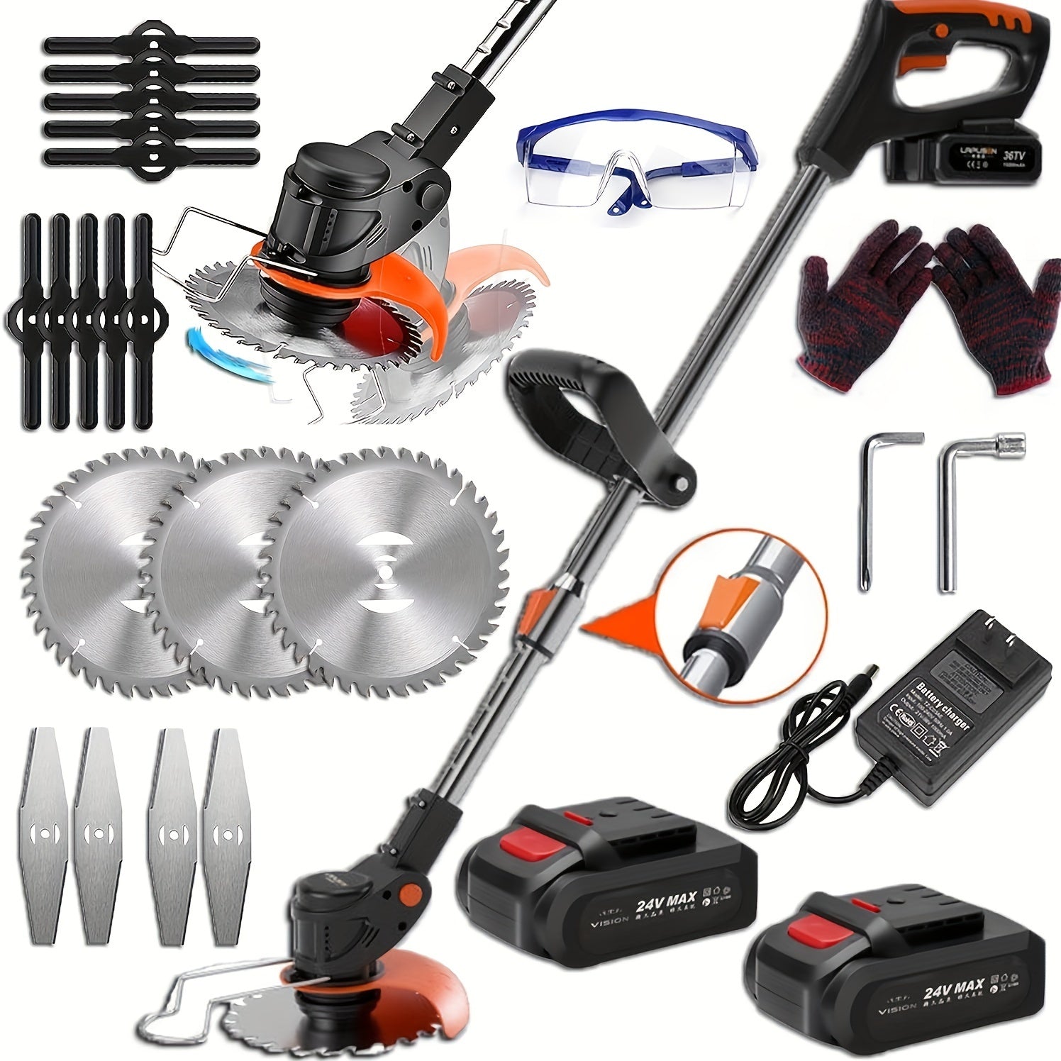 24V Cordless Weed Wacker Brush Cutter – Battery-Powered String Trimmer with 2 Batteries, Charger and 3 Blade Types