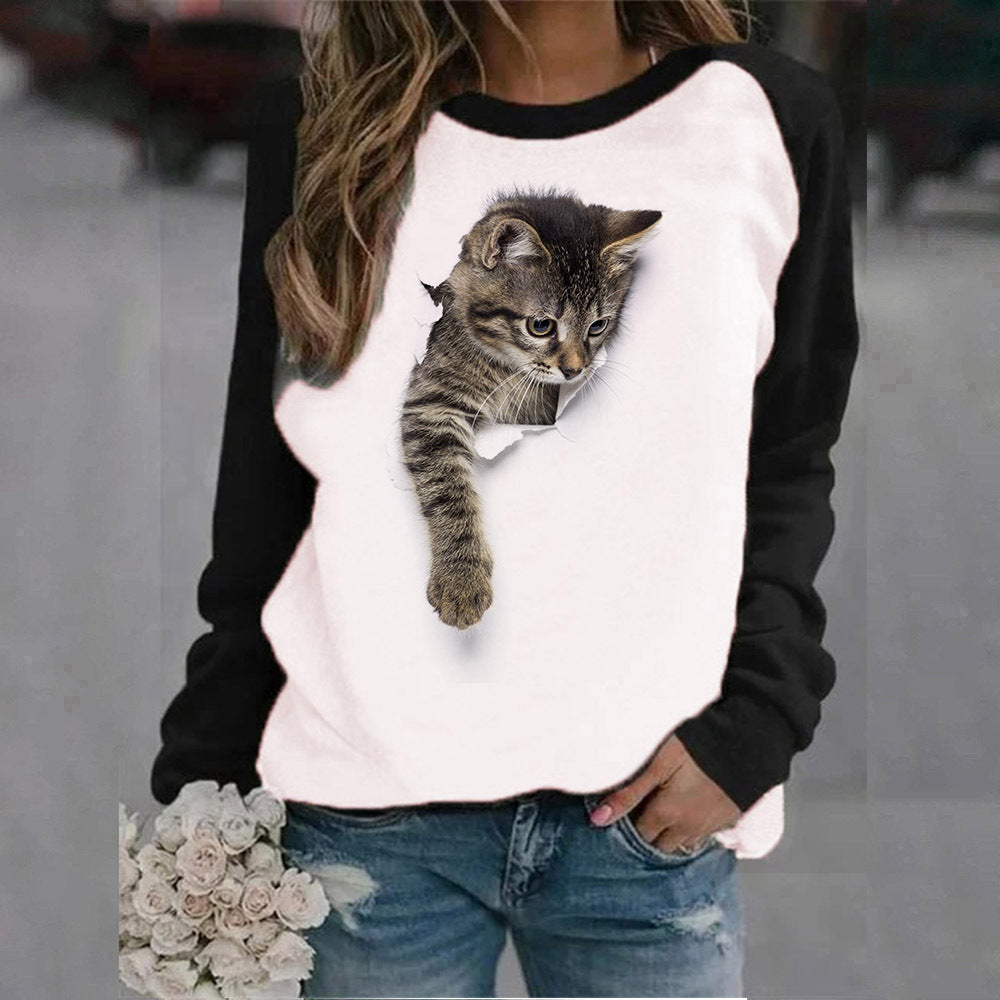 Cute Animal Print Crew Neck Sweatshirt for Women