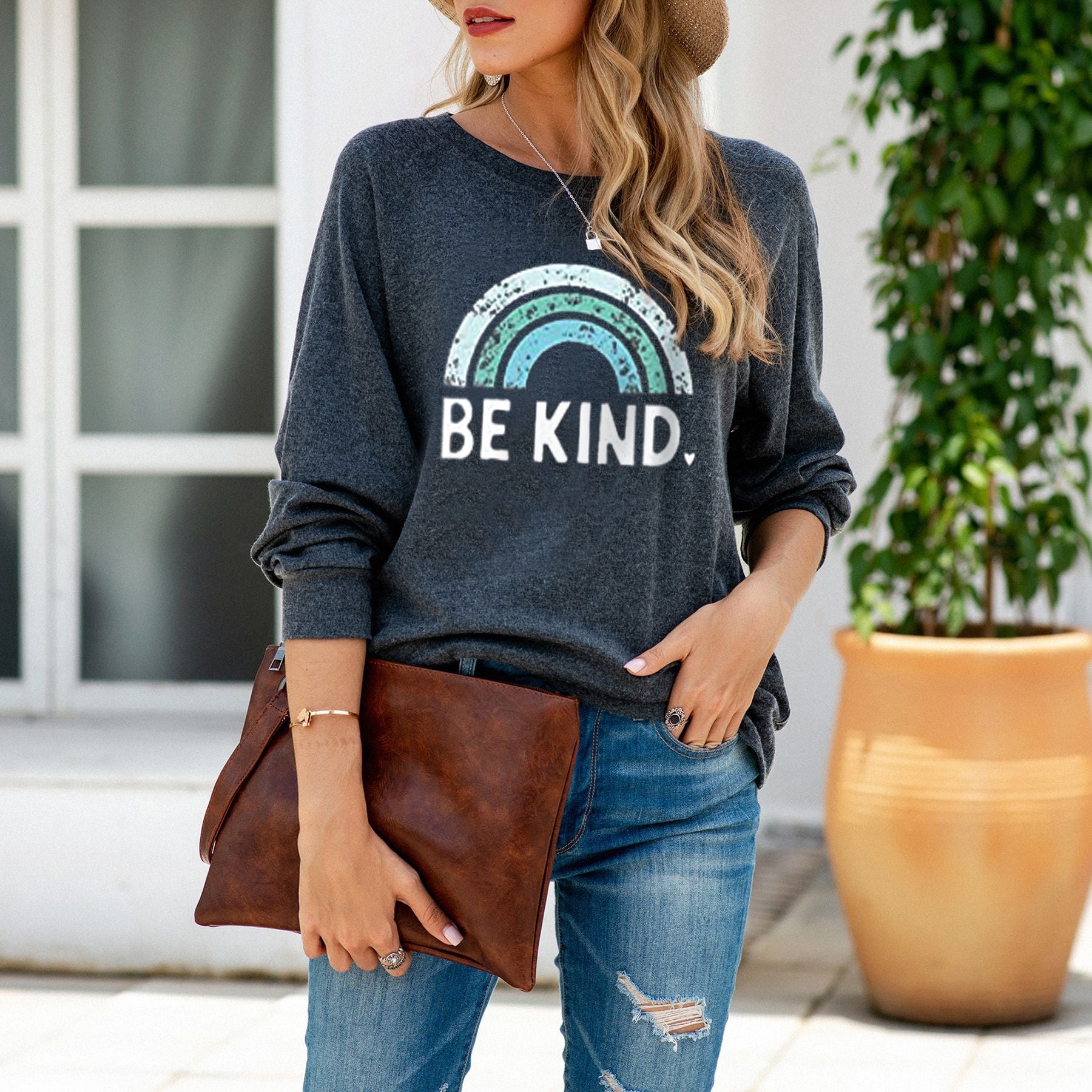 Casual Rainbow Print Crewneck Sweater