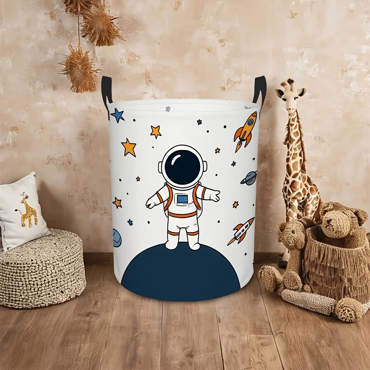 Space‑Themed Round Laundry Basket with Sturdy Handle, Durable Polyester