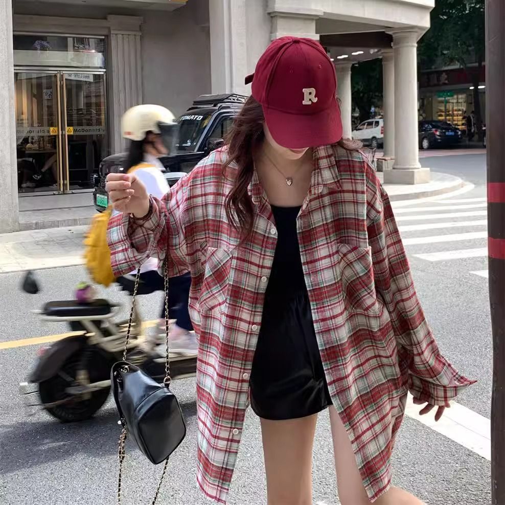 Elegant Relaxed-fit Plaid Shirt For Women