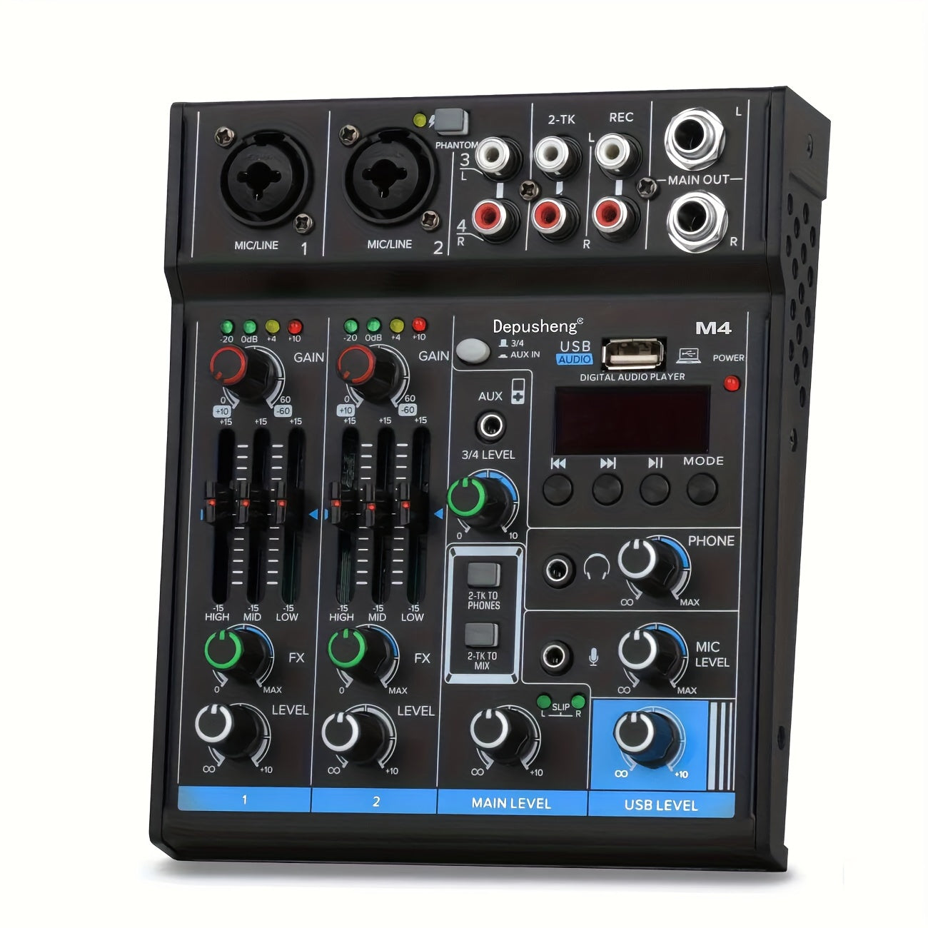 M4 4‑Channel Professional Audio Mixer with USB Recording, 48V Phantom Power and Monitor Output
