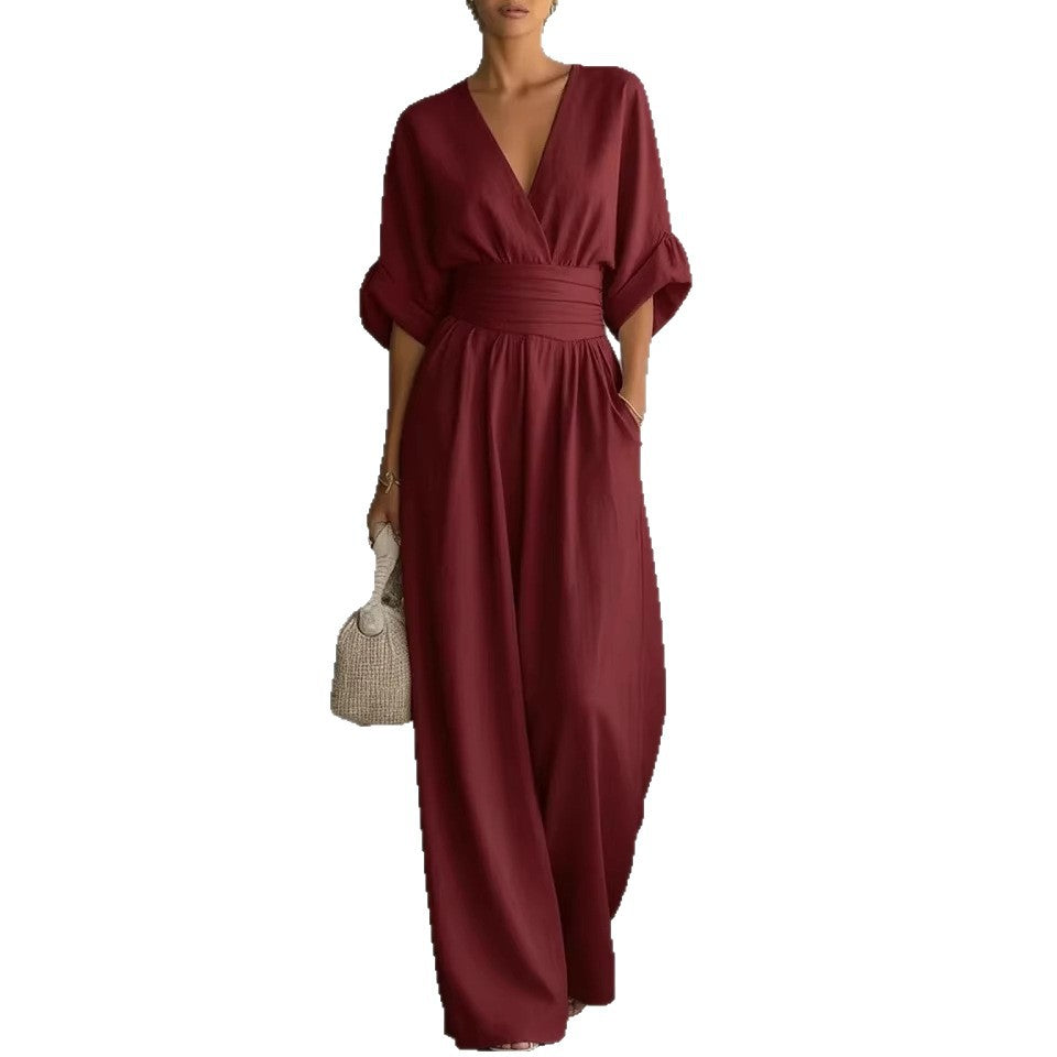 Elegant V-Neck Wide-Leg Waist-Cinching Jumpsuit