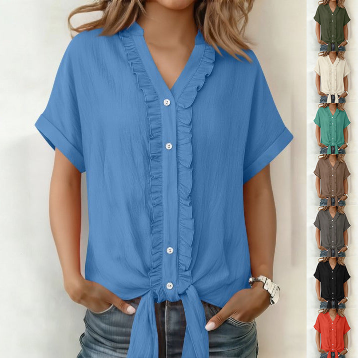 Summer Womens Polyester Solid-Colored Casual Short-Sleeve Shirt
