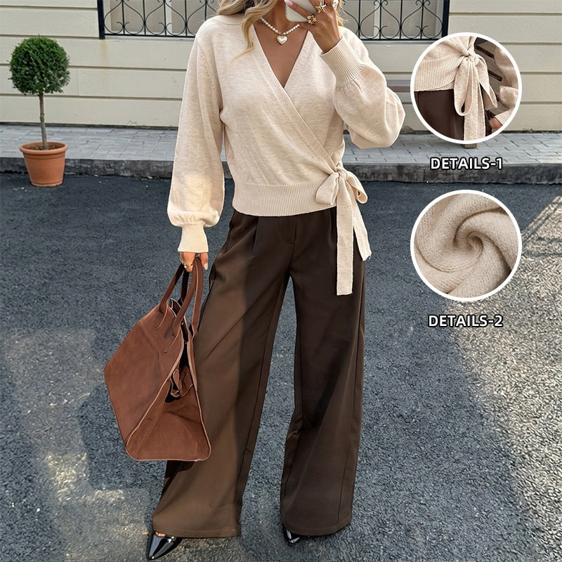 Solid-color Wrap-style V-neck Pullover Sweater with a Tie Belt