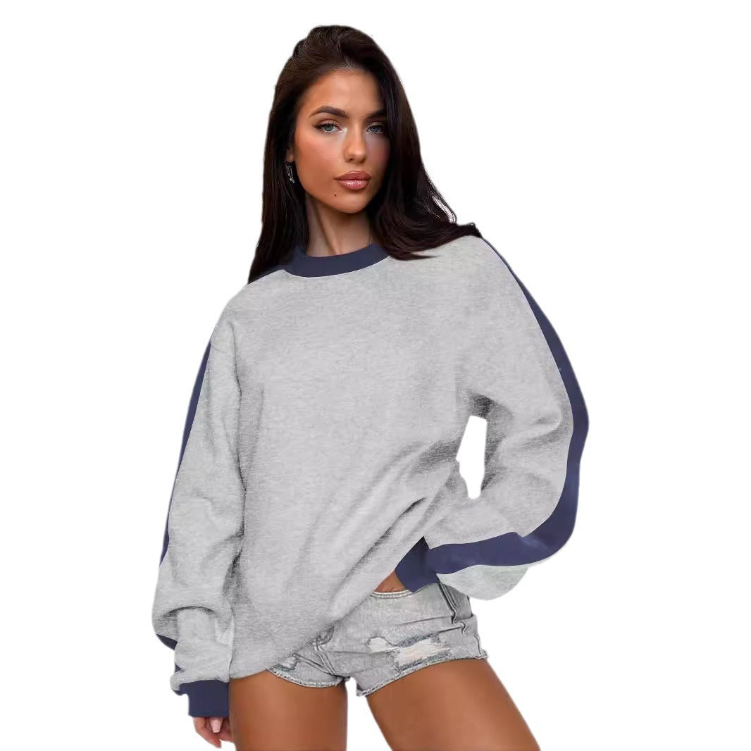 Women's Contrast Color Loose Round Neck Long-Sleeve Sweater