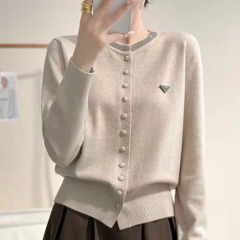 Womens Round-neck, Diamond-embellished, Solid-colored Knit Cardigan