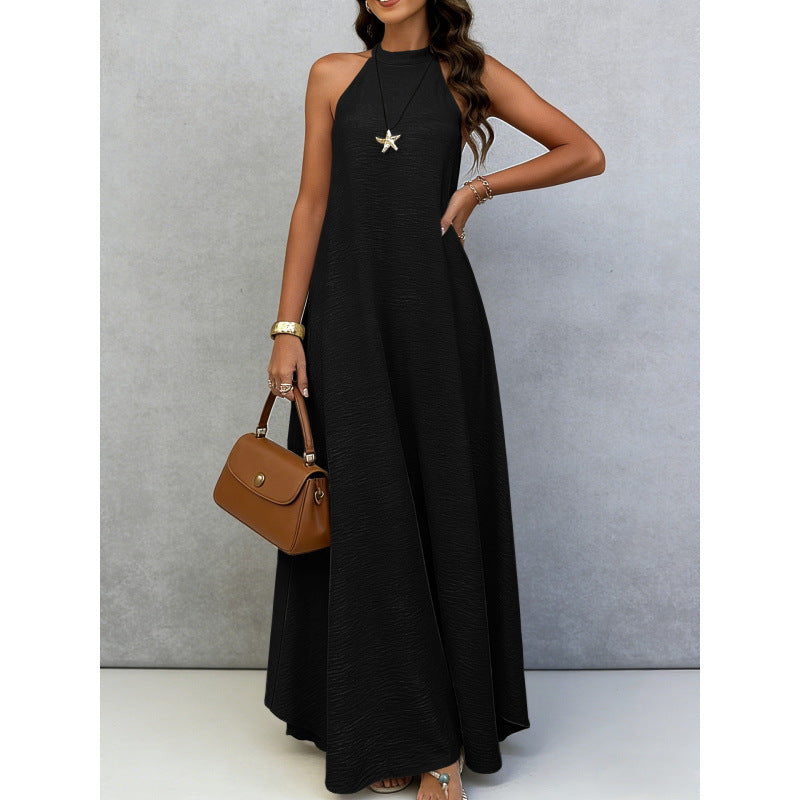 Womens Loose-fitting Plus-size Sleeveless Solid-color Dress