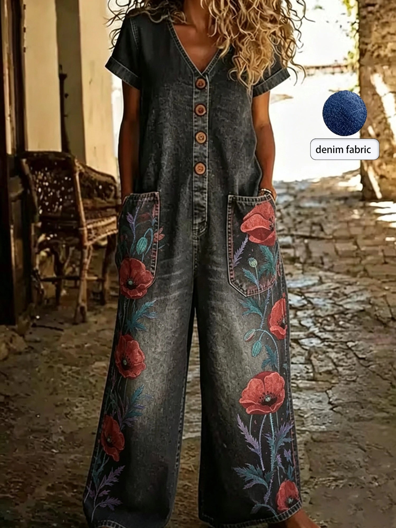Casual Denim Wide-Leg Short Sleeve Jumpsuit with Pockets