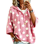 Elegant Casual-style Loose-fit Polka-dot Hooded Knit Top with Tie Details