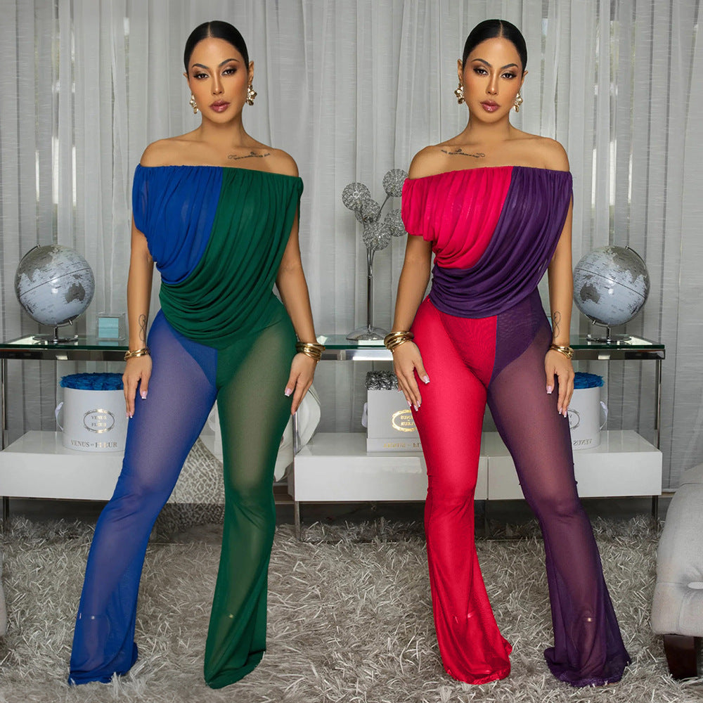Chic Off-Shoulder Mesh Colorblock Jumpsuit