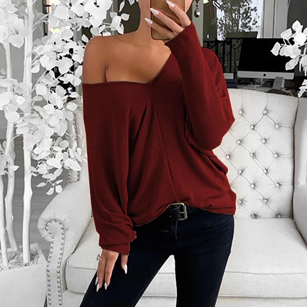 Women's Loose V-Neck Long-Sleeve Casual Pullover Tee
