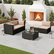 [Outdoor Patio Set] 5pcs Outdoor Patio Furniture Set with Sofa & Glass Table - Rattan & Sectional Sofa Suitable for Group Seating, Cushioned Sofa Table with Glass Top Table, Assembly for, Balcony, Poolside (Navy Blue/Brown/Grey)