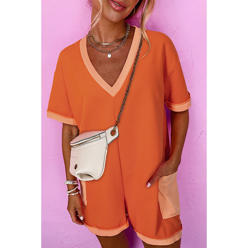 Color Matching High Waist Double Pocket Straight Jumpsuit