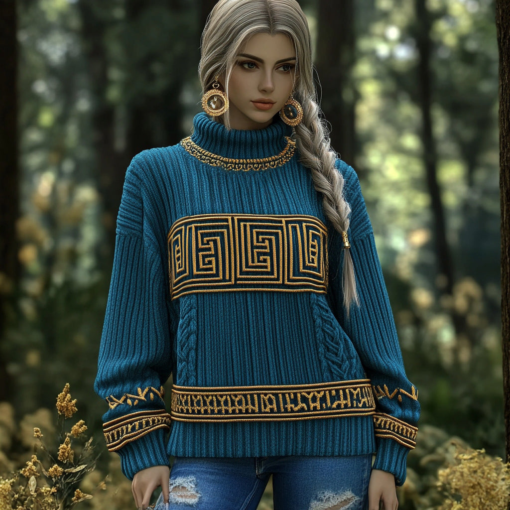 New 3d-printed Loose-fitting High-neck Top for Fallwintercross-border Style Casual Off-shoulder Design for Women