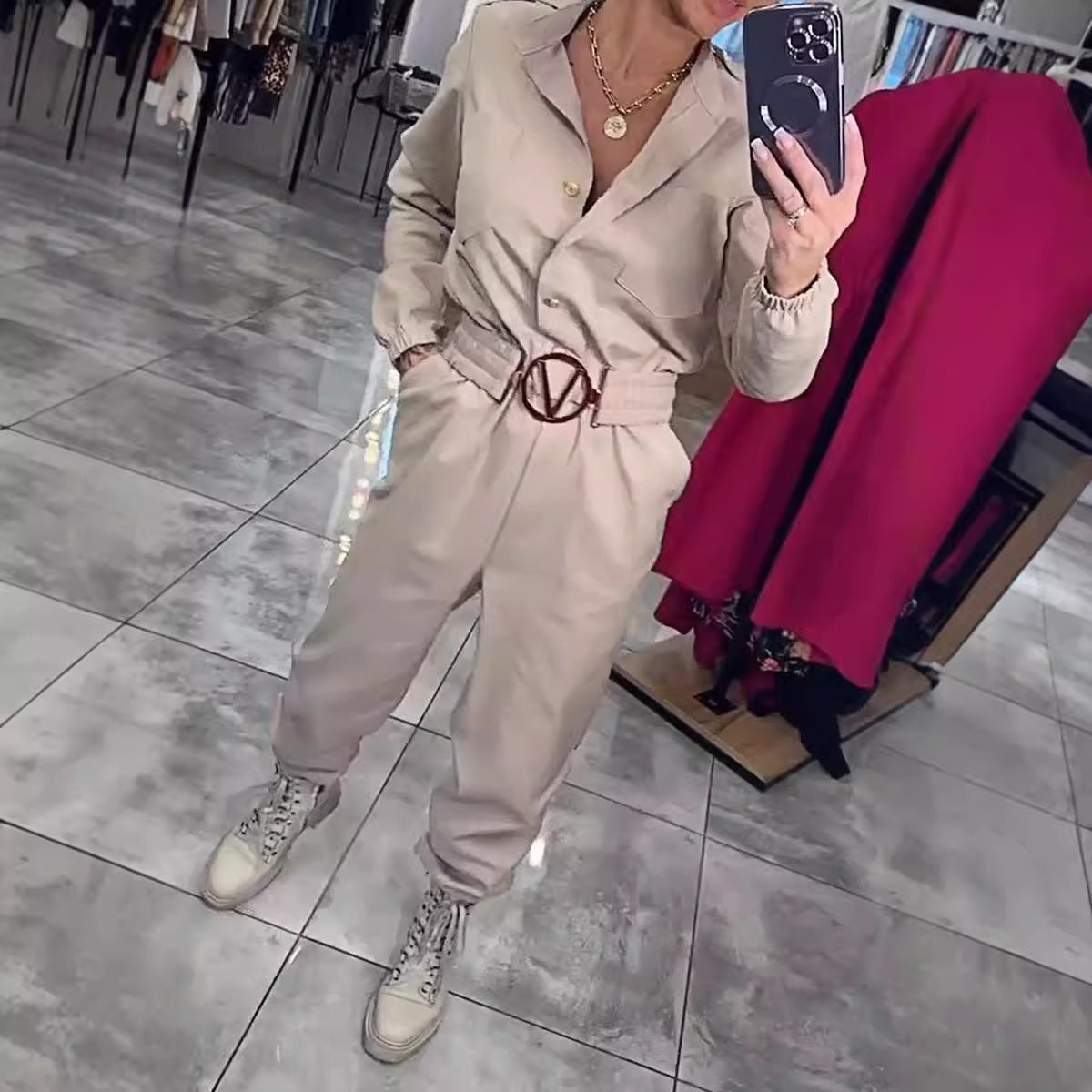 Women's Casual Long Sleeve Shirt Jumpsuit with Waist Control