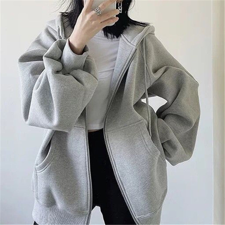 Women's Casual Gray Zip Cotton Sweatshirt