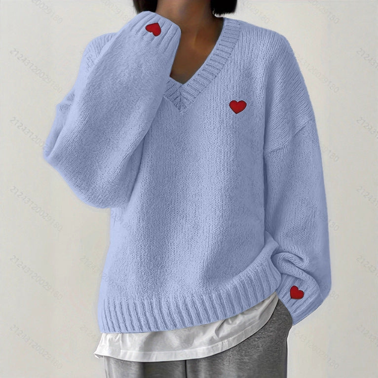 Womens Loving-heart Embroidered V-neck Sweater