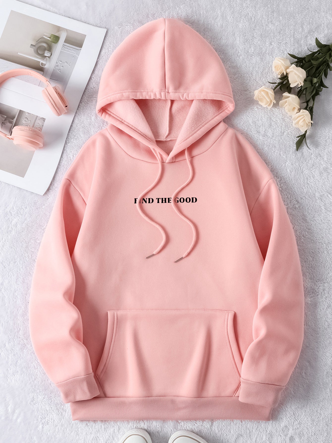 Cozy Brushed Letter Print Pullover Hoodie for Women