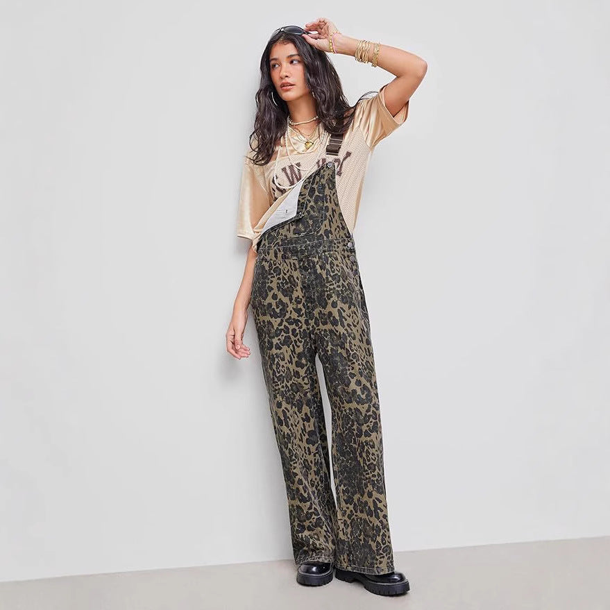 Retro Leopard Print Overalls Streetwear Romper