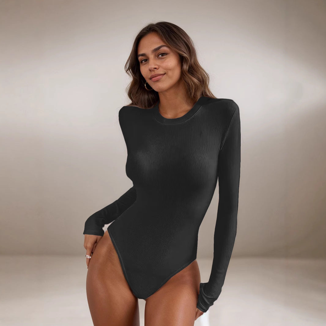 Ribbed Slim-Fit Long-Sleeve Crew Neck Jumpsuit