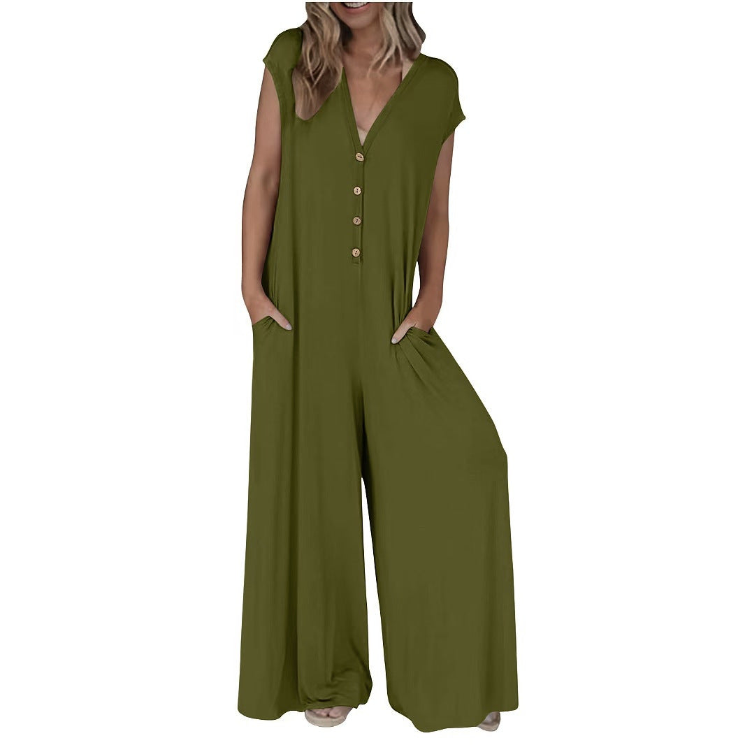 Comfortable Casual Loose-fit Solid-color Jumpsuit With Pockets And Wide-leg Pants