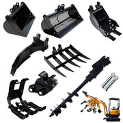 8‑Piece Mini Excavator Attachment Kit with Narrow Bucket, Ripper, Rake, Auger, Grapple, Quick Hitch and Screening Bucket