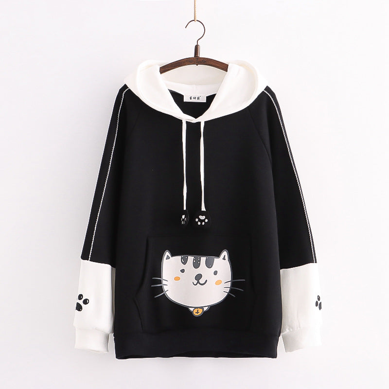 Cute Cat & Fish Print Fleece Hoodie for Women