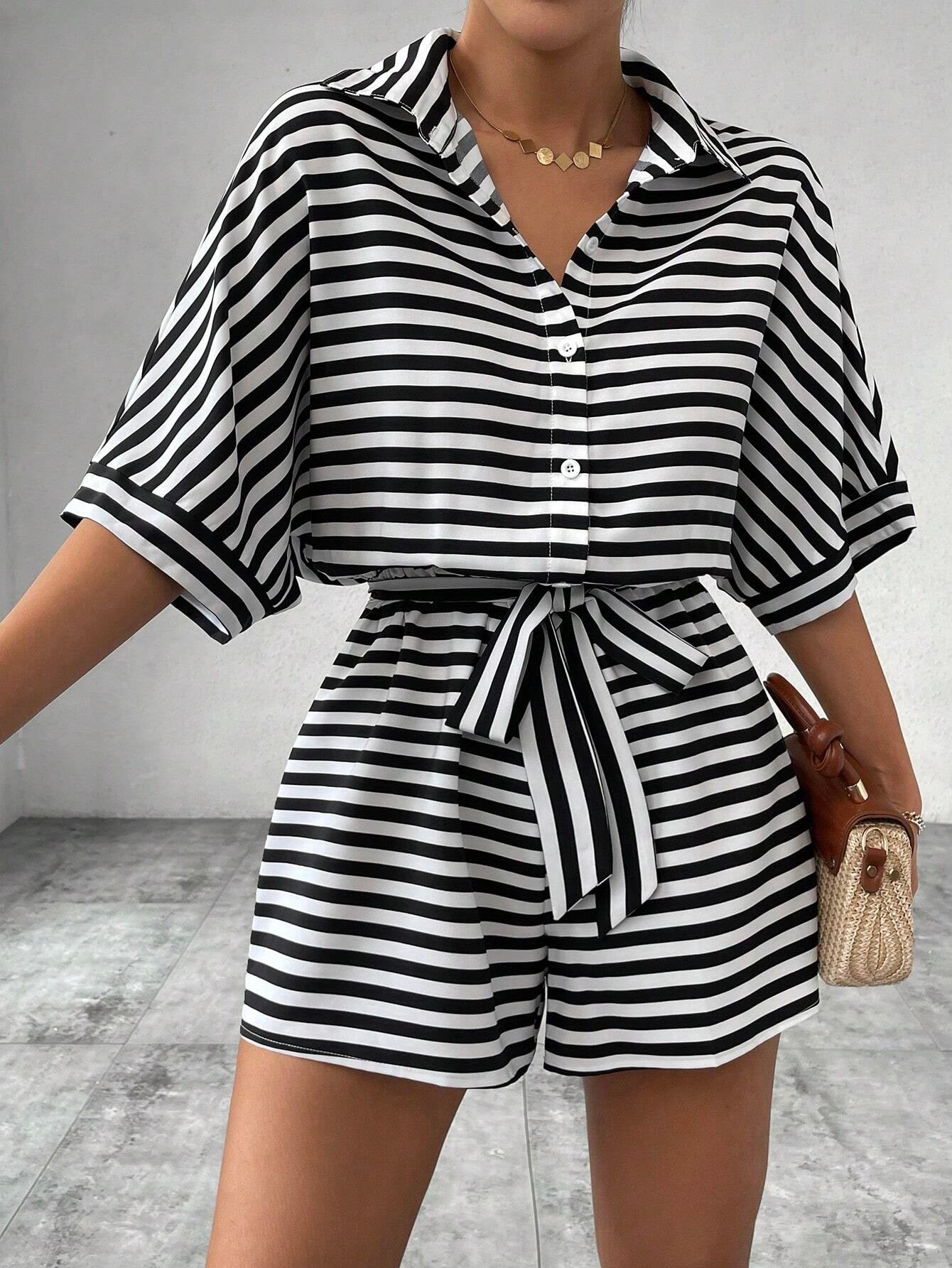 Summer Striped Lapel Belted Jumpsuit