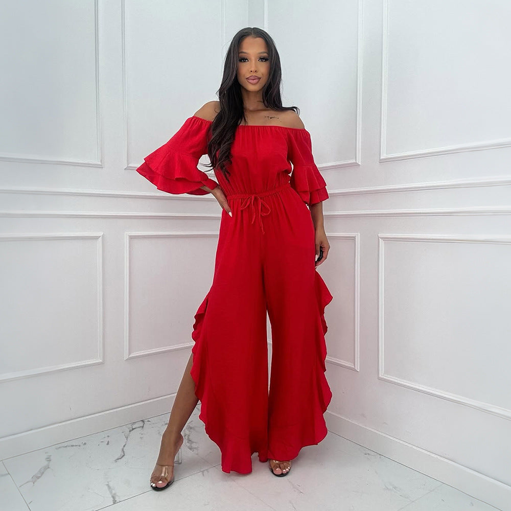 Chic Off-Shoulder Solid Jumpsuit with Belt