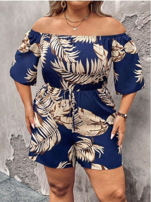 Off-Shoulder Botanical Print Waist-Cinching Romper