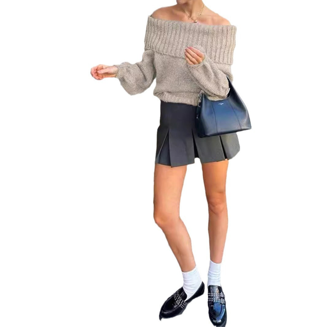Women's Off-shoulder Simple Pure Color All-matching Lantern Sleeve Knitted Sweater