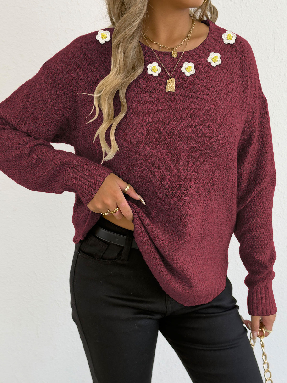 Women's Crochet Patchwork Round Neck Comfort and Casual Sweater