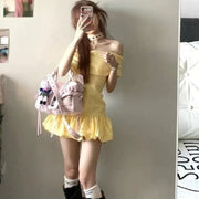 Off-shoulder Yellow Plaid Waist-cinching Tube Dress