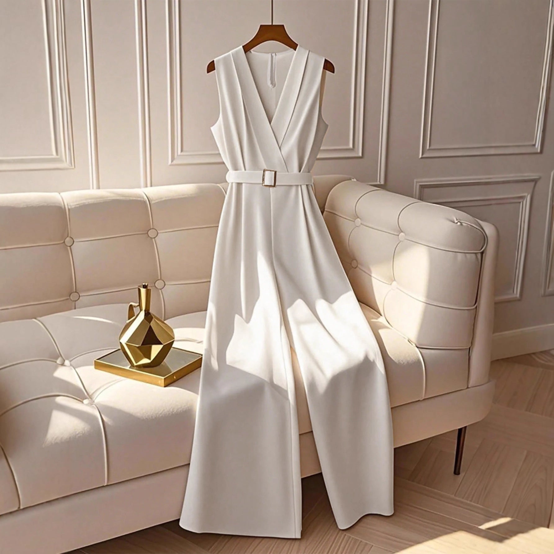 Elegant White High-Waisted Sleeveless Jumpsuit