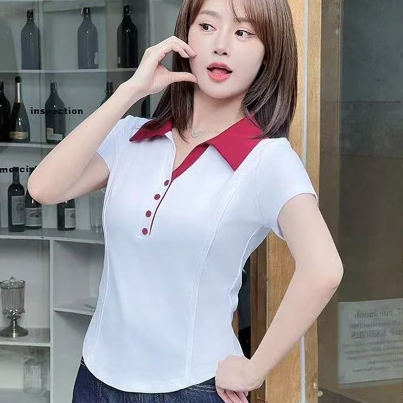 Women's Slim-Fit Patchwork Button Tee – Trendy Japanese/Korean Style
