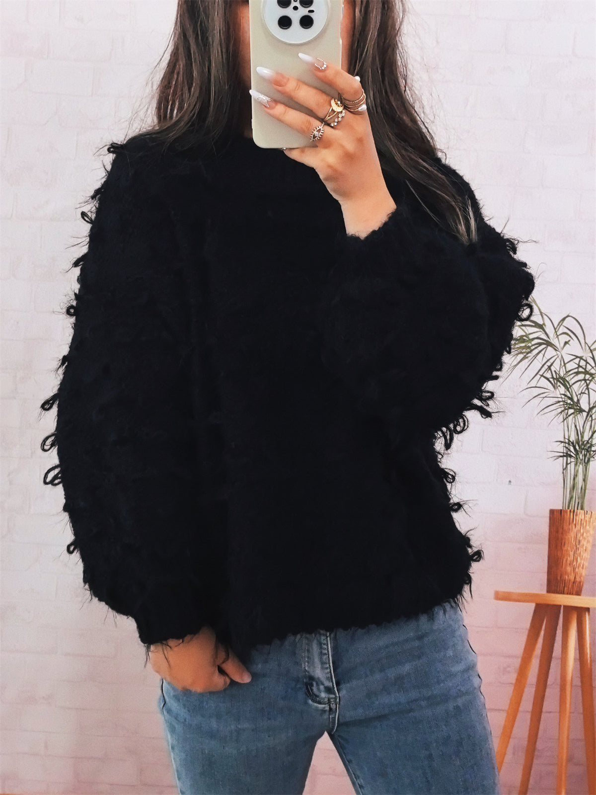 Casual Thickening Knitted Solid Color Round Neck Loose Sweater for Women