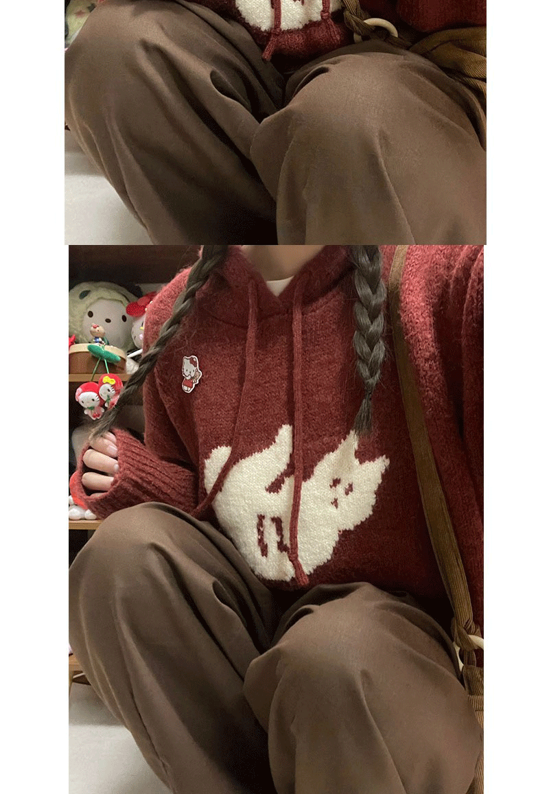 Retro Cartoon Cat Jacquard Hooded Sweater