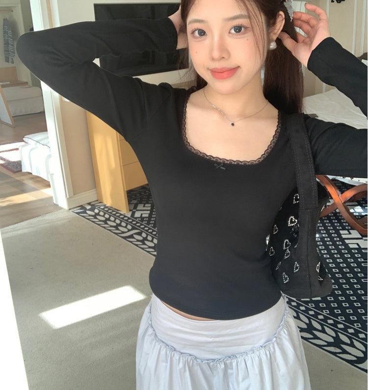 Floral Lace Long Sleeve Slim Crop Top