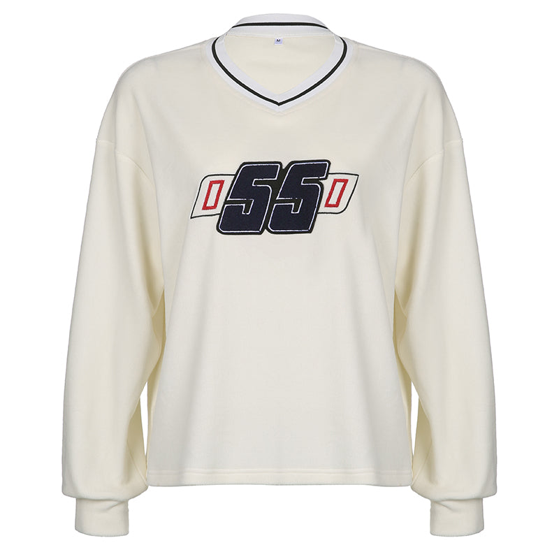 College Contrast V-Neck Print Sweatshirt Loose