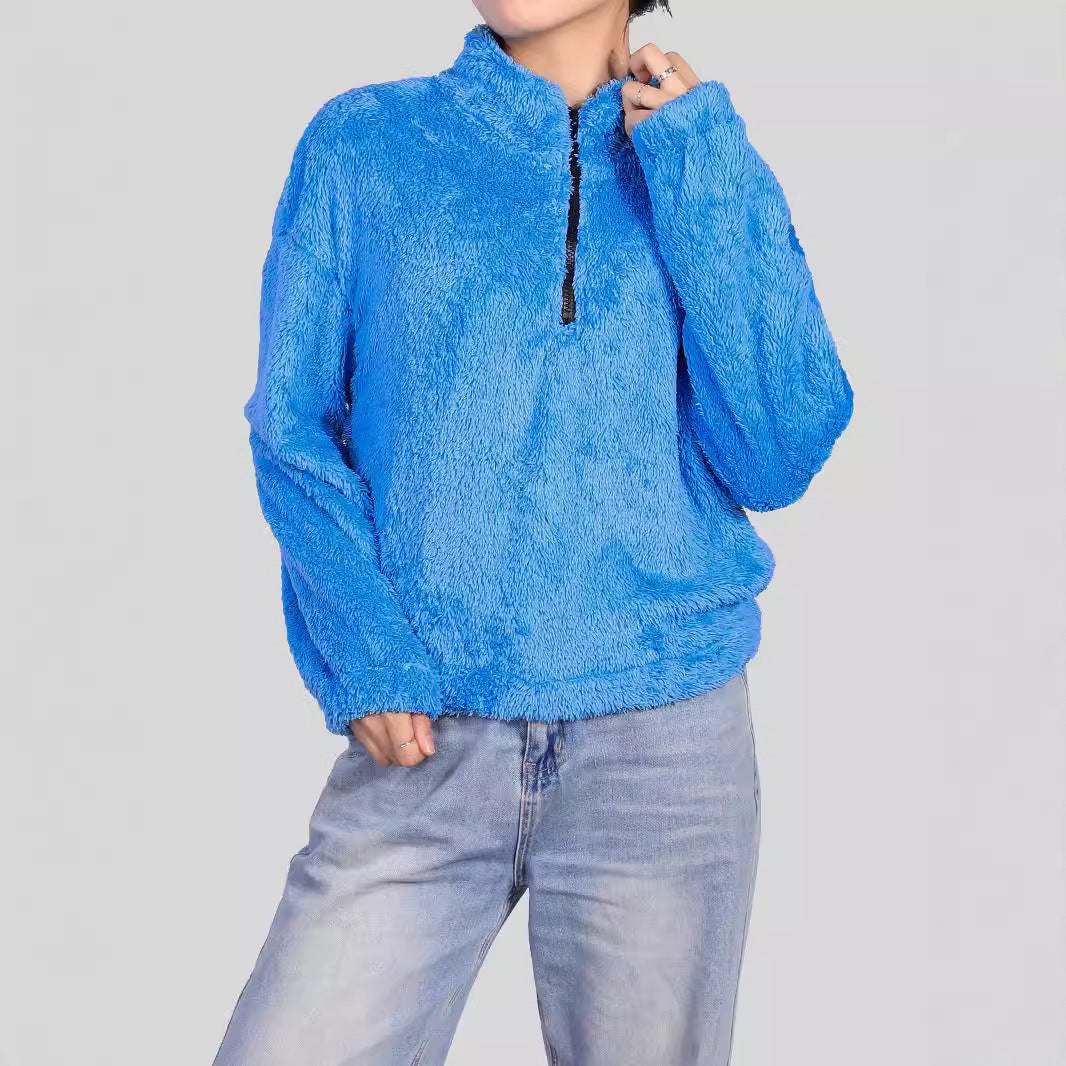 Thermal Half-high Collar Long Sleeves Zipper Design Loose Casual Top