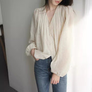 Elegant V‑Neck Lantern Sleeve Blouse – Soft Cream Apricot Tee