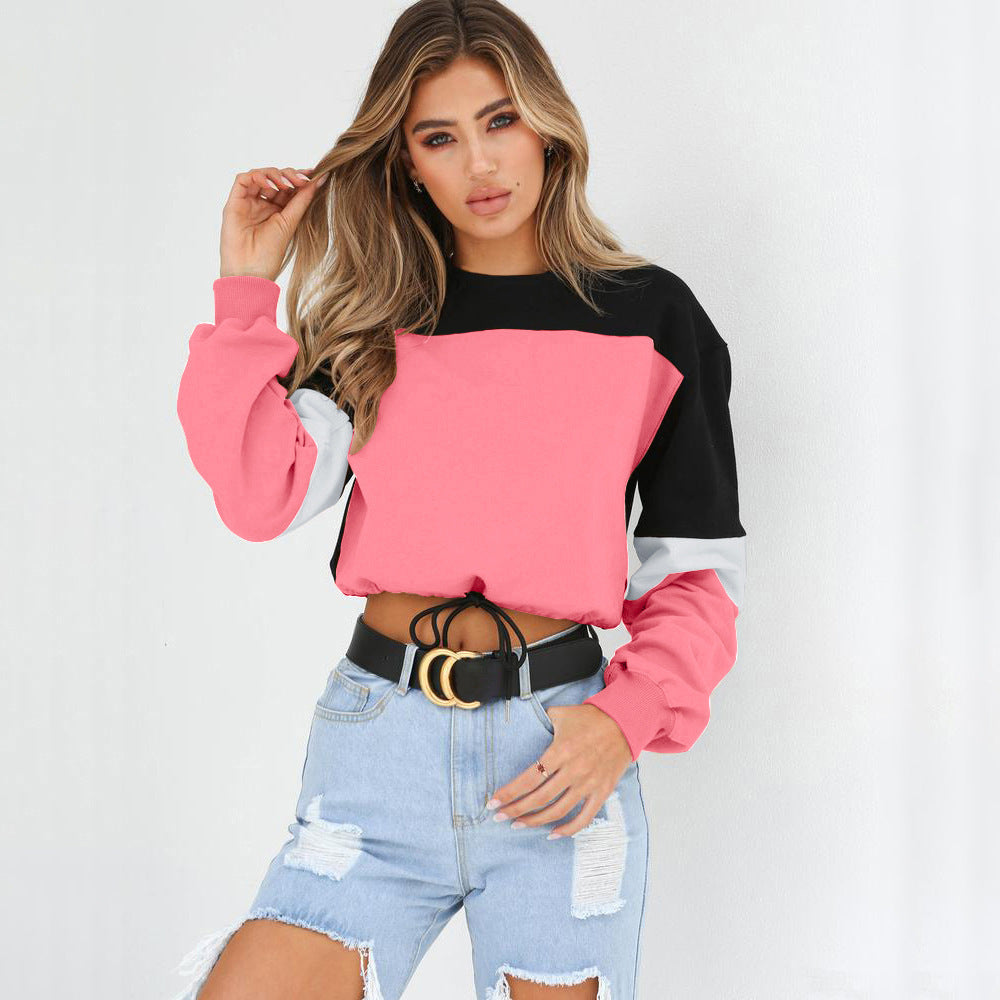 Cozy Patchwork Round Neck Lace-Up Sweater
