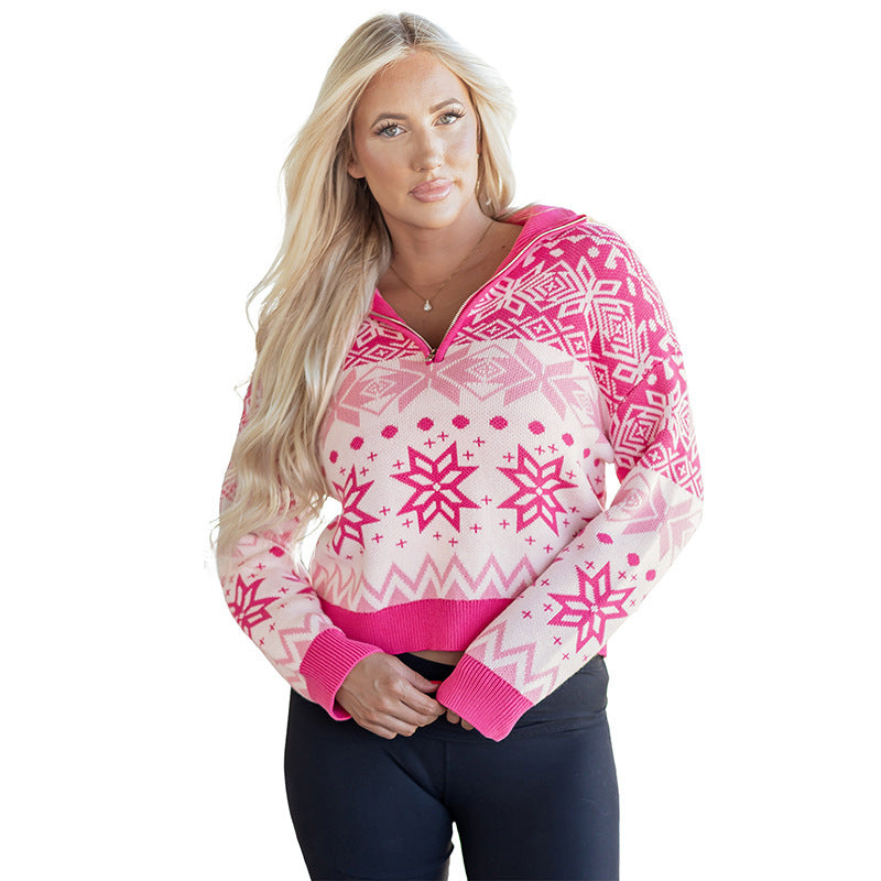 European and American Short-style Trendy Snowflake Print Sweater