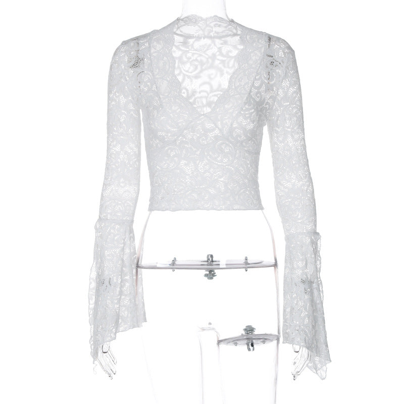 Sexy Deep V Slim Fit Midriff-baring Lace Long-sleeved Lace Top