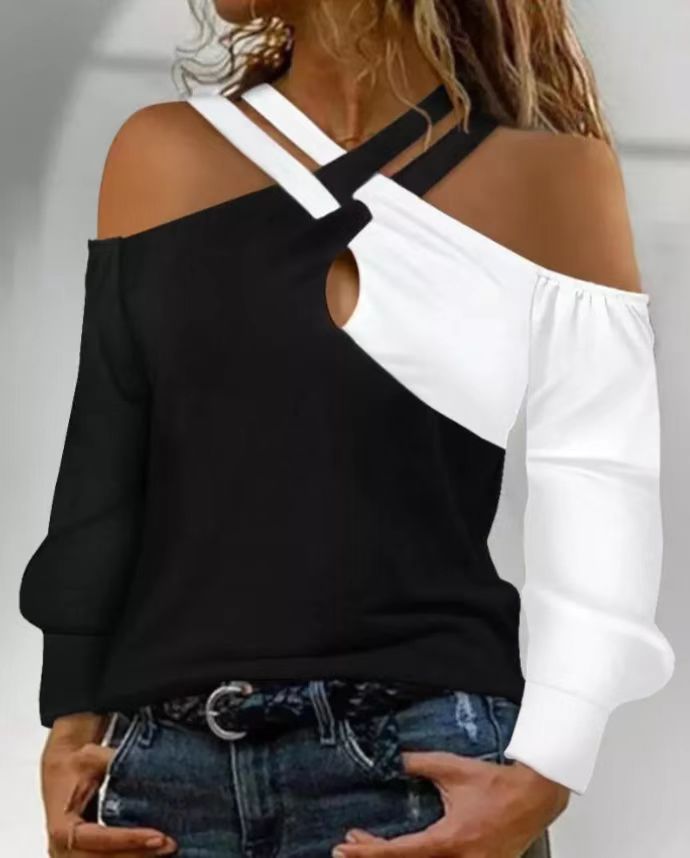 Chic Colorblock Cross-Belt Casual Women's Top