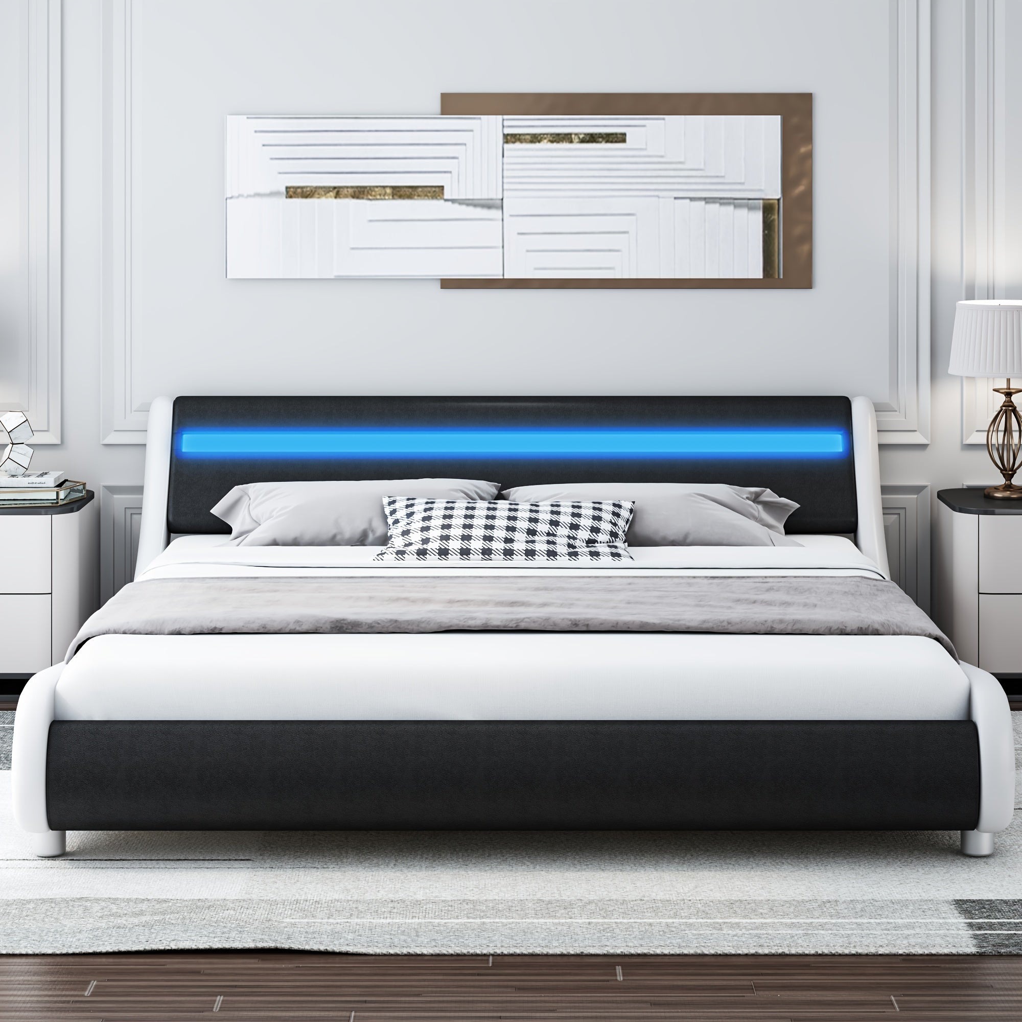 Modern Upholstered LED Bed Frame with Adjustable Faux Leather Wave Headboard