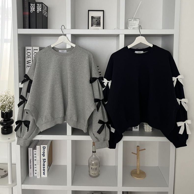Women's Casual Loose Bow Knit Sweater with Lantern Sleeves